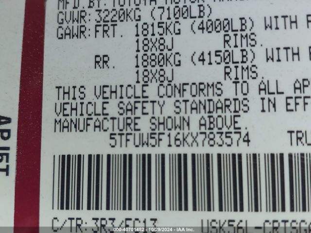 Photo 8 VIN: 5TFUW5F16KX783574 - TOYOTA TUNDRA 