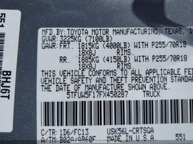 Photo 8 VIN: 5TFUW5F17FX450287 - TOYOTA TUNDRA 