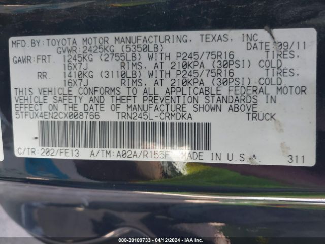 Photo 8 VIN: 5TFUX4EN2CX008766 - TOYOTA TACOMA 