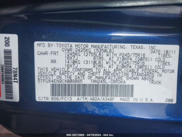 Photo 8 VIN: 5TFUX4EN9CX009865 - TOYOTA TACOMA 