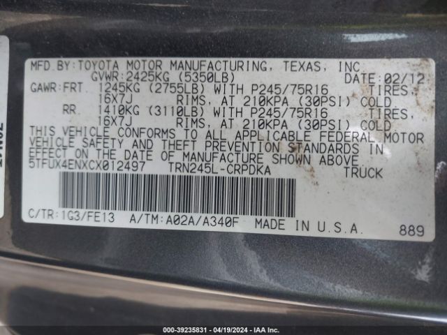 Photo 8 VIN: 5TFUX4ENXCX012497 - TOYOTA TACOMA 