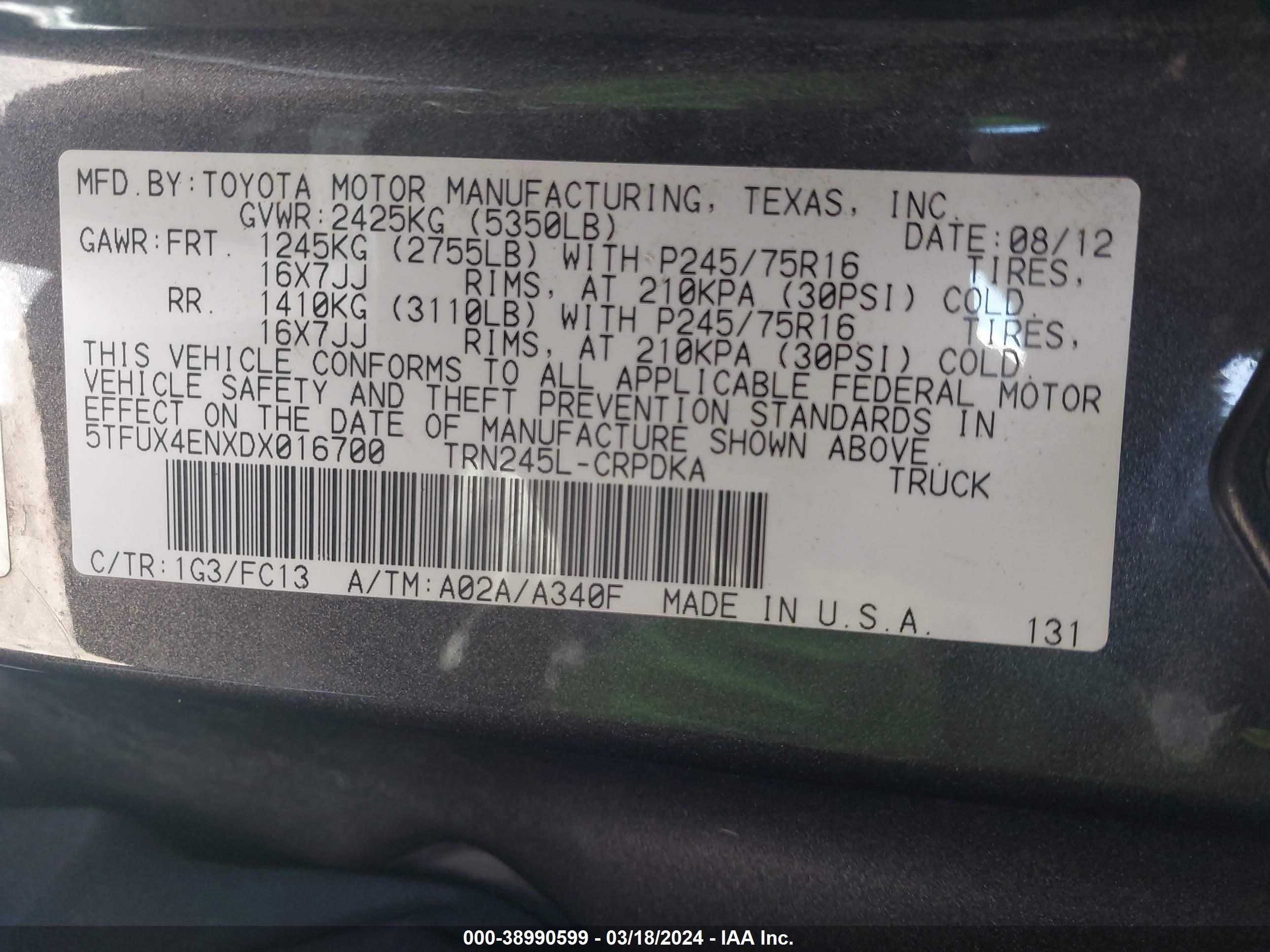 Photo 8 VIN: 5TFUX4ENXDX016700 - TOYOTA TACOMA 