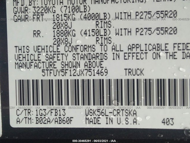 Photo 8 VIN: 5TFUY5F12JX751469 - TOYOTA TUNDRA 4WD 