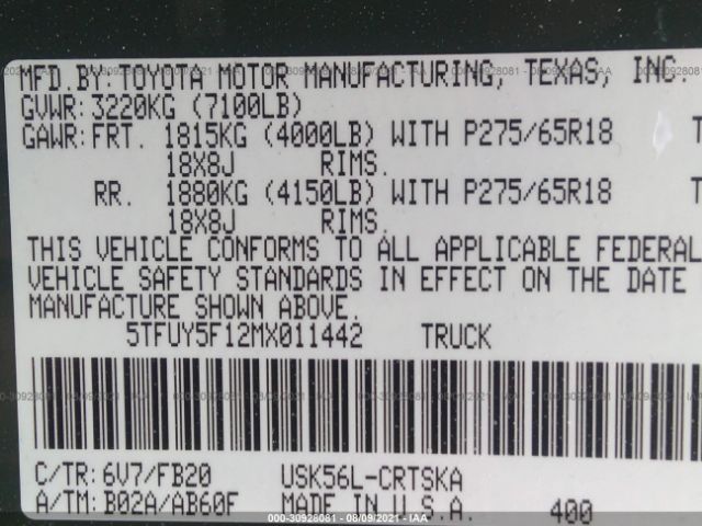 Photo 8 VIN: 5TFUY5F12MX011442 - TOYOTA TUNDRA 4WD 