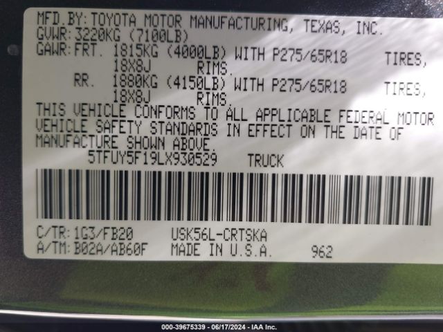 Photo 8 VIN: 5TFUY5F19LX930529 - TOYOTA TUNDRA 