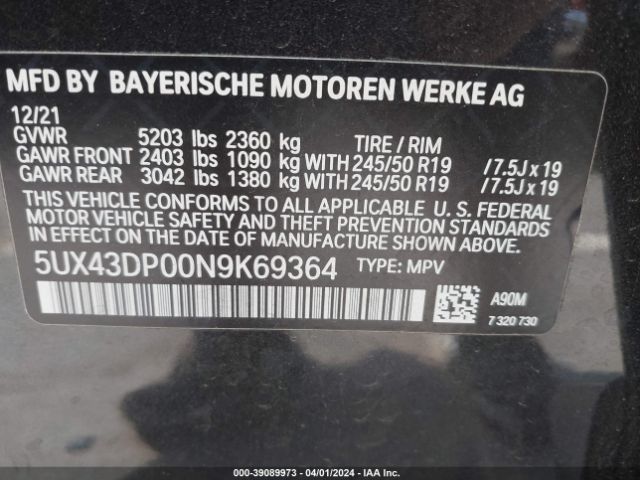 Photo 8 VIN: 5UX43DP00N9K69364 - BMW X3 