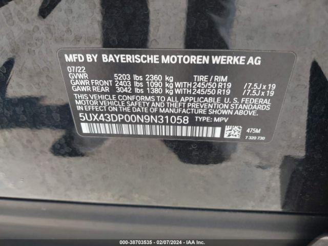 Photo 8 VIN: 5UX43DP00N9N31058 - BMW X3 