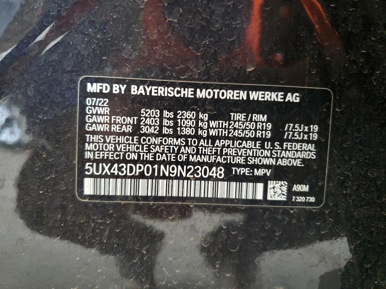 Photo 11 VIN: 5UX43DP01N9N23048 - BMW X3 