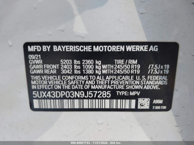 Photo 8 VIN: 5UX43DP03N9J57285 - BMW X3 