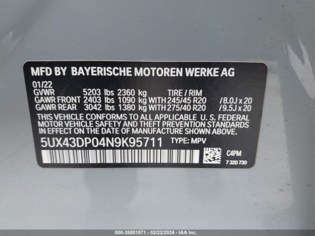 Photo 8 VIN: 5UX43DP04N9K95711 - BMW X3 