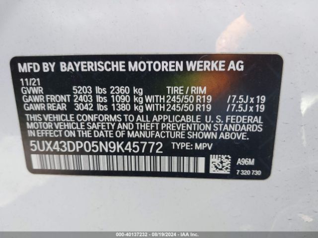 Photo 8 VIN: 5UX43DP05N9K45772 - BMW X3 