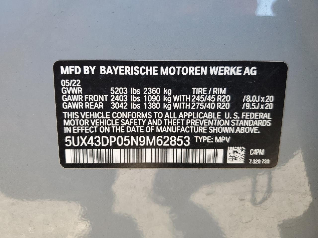 Photo 13 VIN: 5UX43DP05N9M62853 - BMW X3 