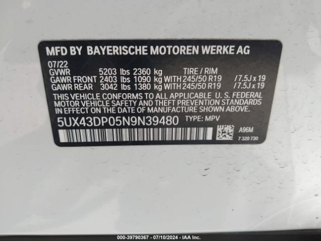 Photo 8 VIN: 5UX43DP05N9N39480 - BMW X3 