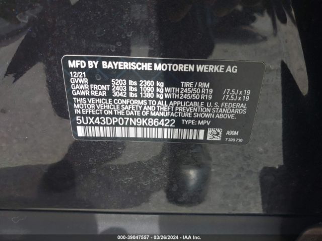 Photo 8 VIN: 5UX43DP07N9K86422 - BMW X3 