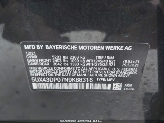 Photo 8 VIN: 5UX43DP07N9K88316 - BMW X3 