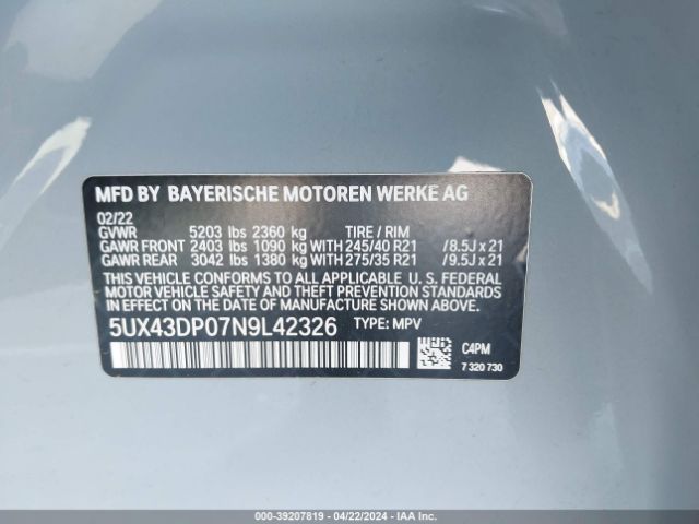 Photo 8 VIN: 5UX43DP07N9L42326 - BMW X3 