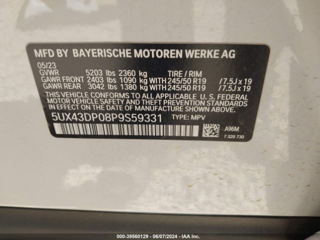 Photo 8 VIN: 5UX43DP08P9S59331 - BMW X3 