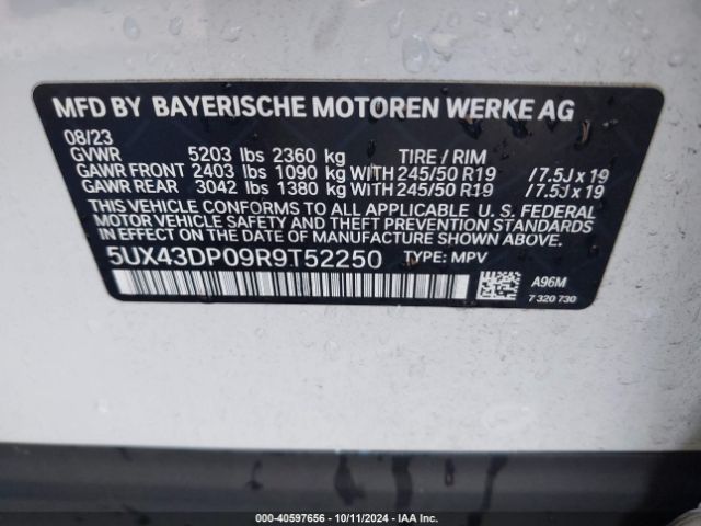 Photo 8 VIN: 5UX43DP09R9T52250 - BMW X3 