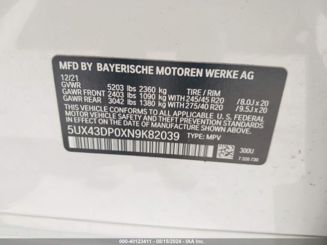 Photo 8 VIN: 5UX43DP0XN9K82039 - BMW X3 