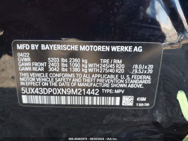 Photo 8 VIN: 5UX43DP0XN9M21442 - BMW X3 