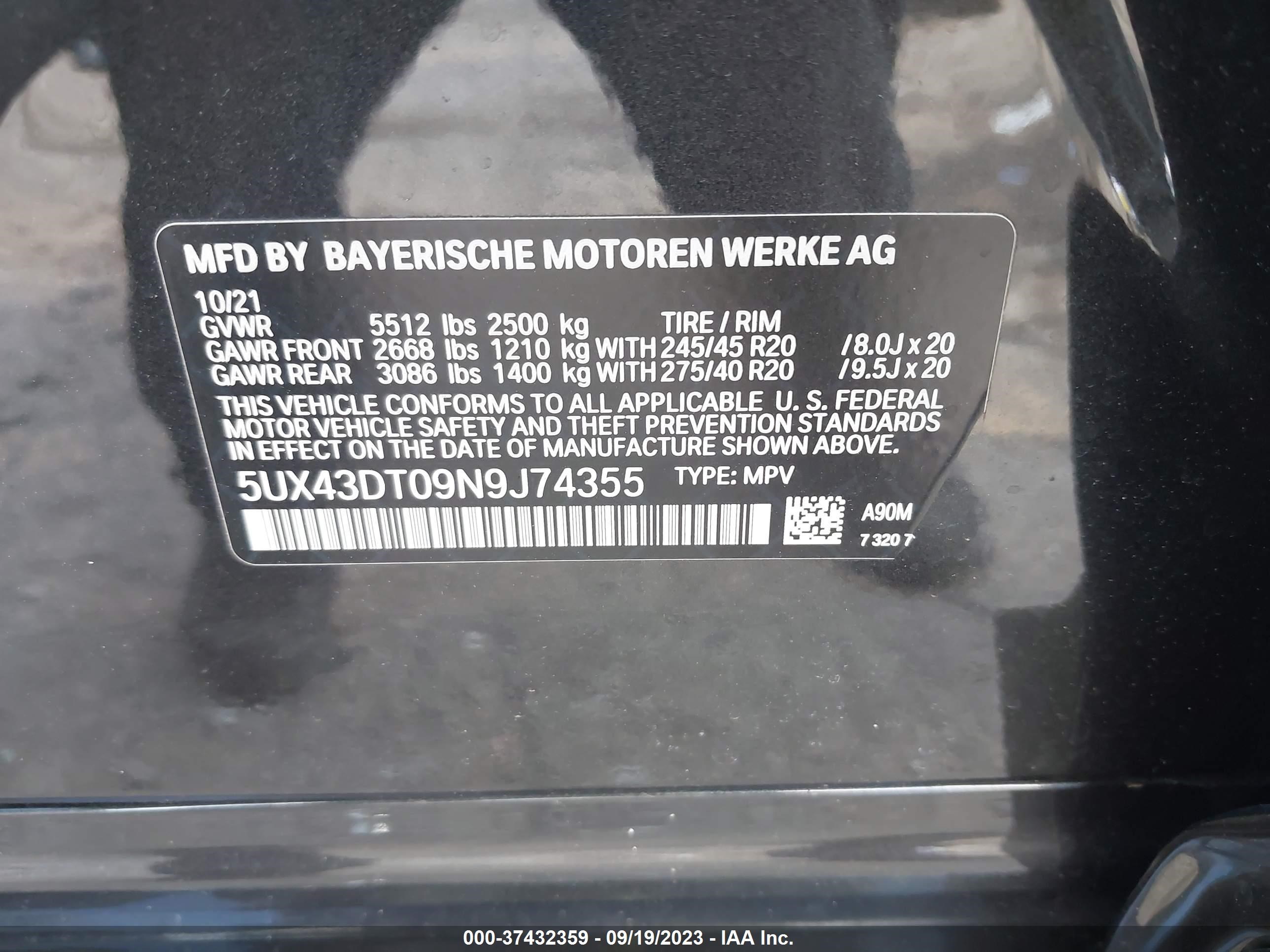 Photo 8 VIN: 5UX43DT09N9J74355 - BMW X4 