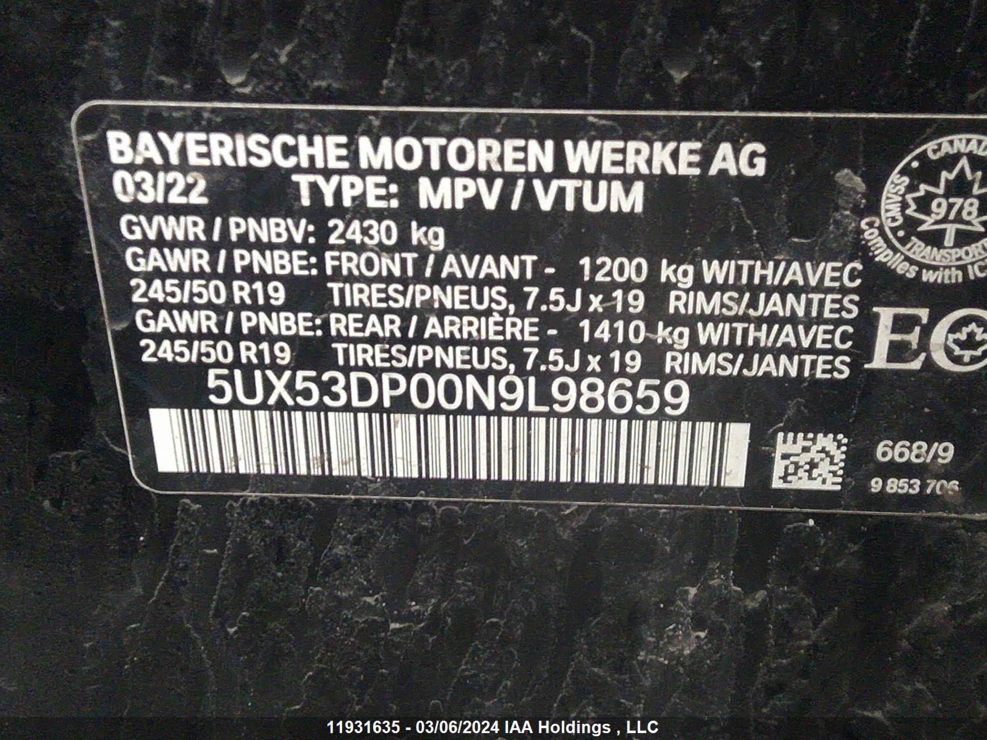 Photo 8 VIN: 5UX53DP00N9L98659 - BMW X3 