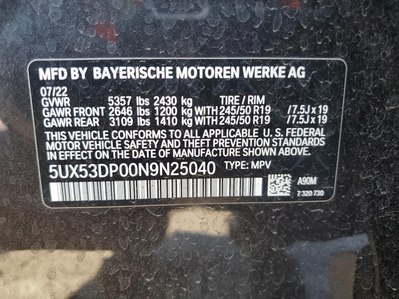 Photo 11 VIN: 5UX53DP00N9N25040 - BMW X3 