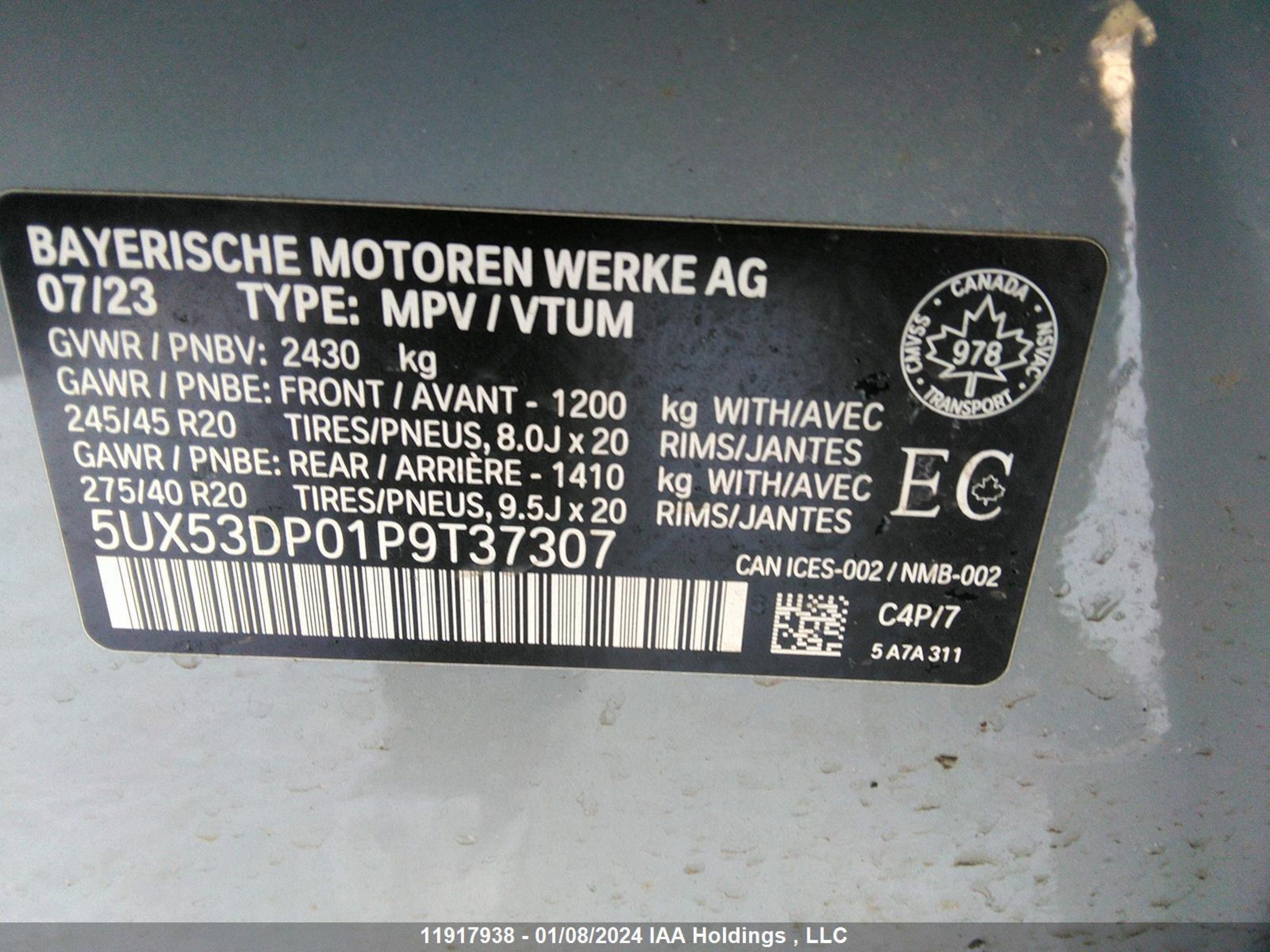 Photo 8 VIN: 5UX53DP01P9T37307 - BMW X3 