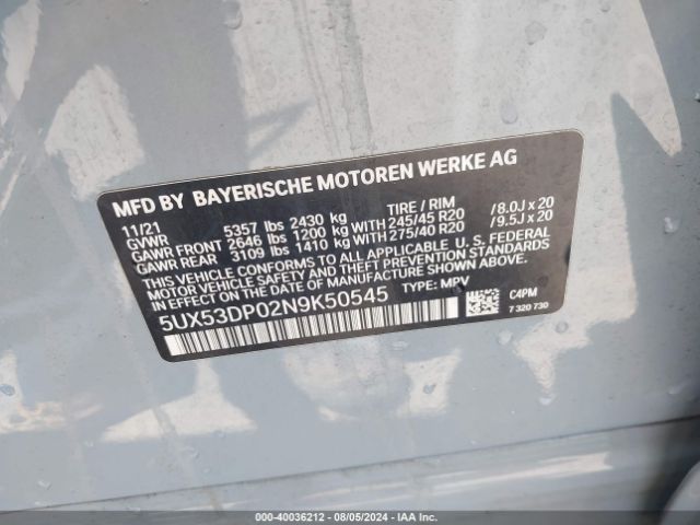 Photo 8 VIN: 5UX53DP02N9K50545 - BMW X3 