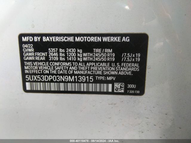 Photo 8 VIN: 5UX53DP03N9M13915 - BMW X3 