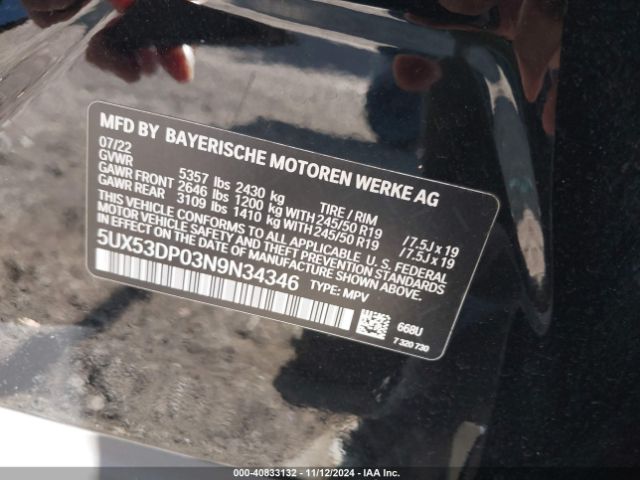 Photo 8 VIN: 5UX53DP03N9N34346 - BMW X3 