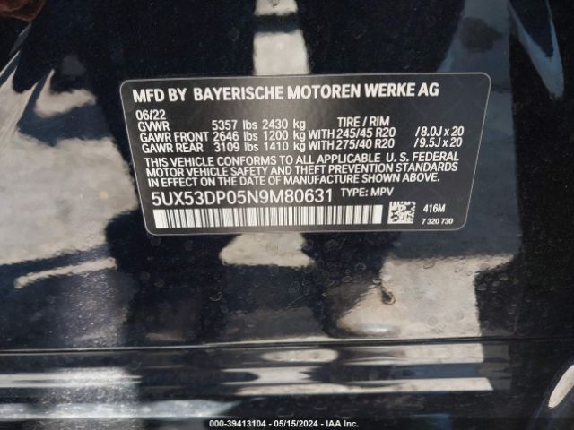 Photo 8 VIN: 5UX53DP05N9M80631 - BMW X3 