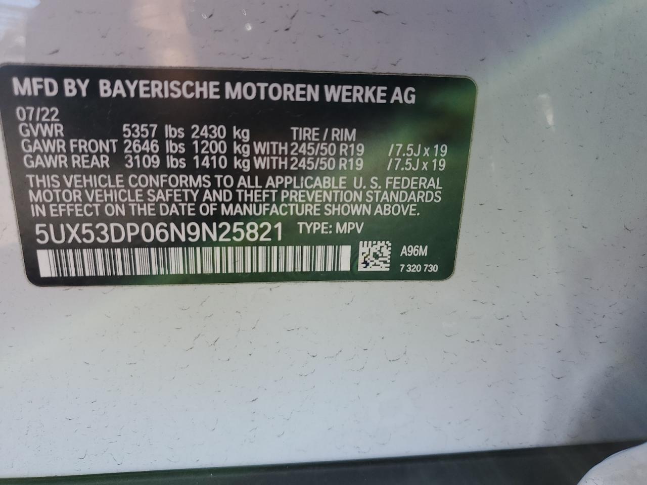 Photo 12 VIN: 5UX53DP06N9N25821 - BMW X3 