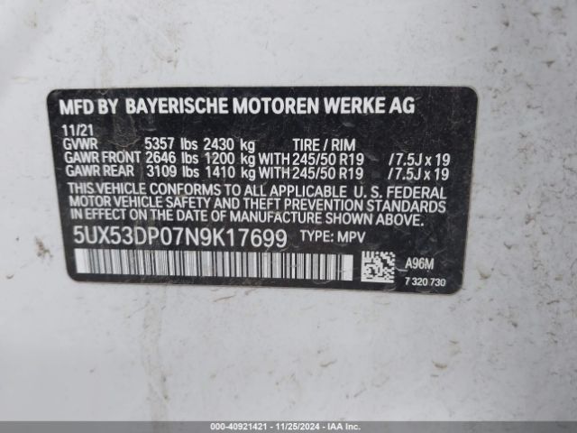 Photo 8 VIN: 5UX53DP07N9K17699 - BMW X3 