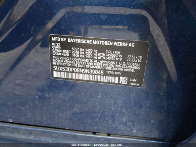 Photo 8 VIN: 5UX53DP08N9N39848 - BMW X3 