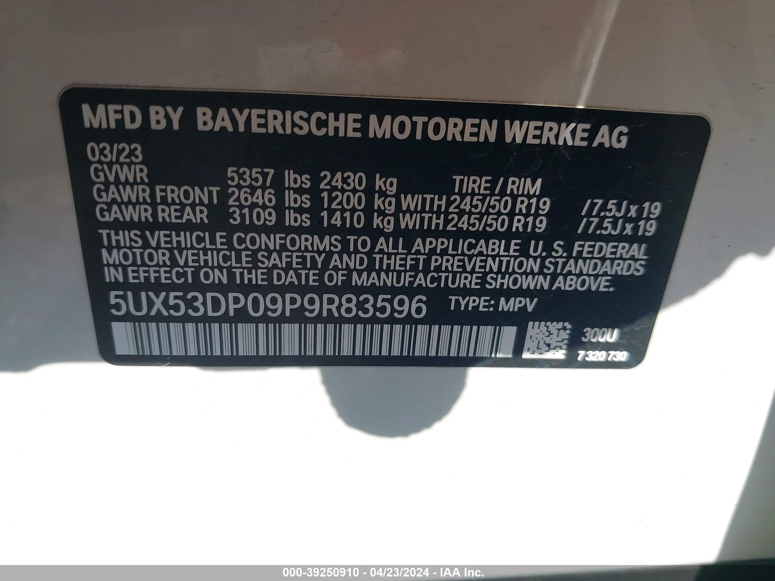 Photo 8 VIN: 5UX53DP09P9R83596 - BMW X3 