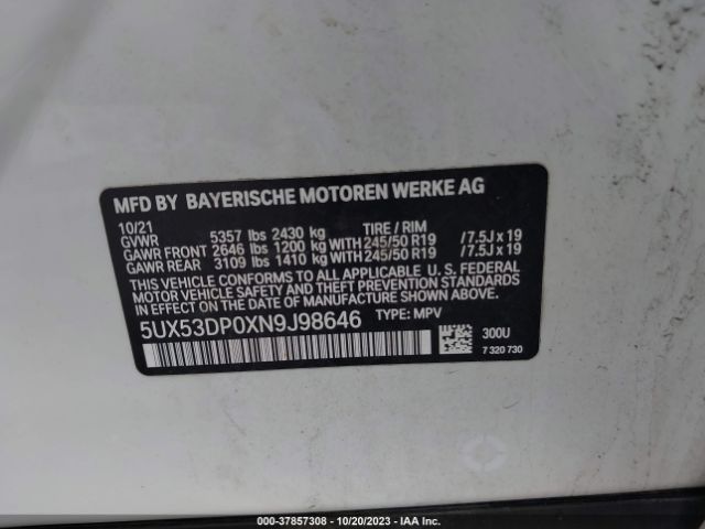 Photo 8 VIN: 5UX53DP0XN9J98646 - BMW X3 