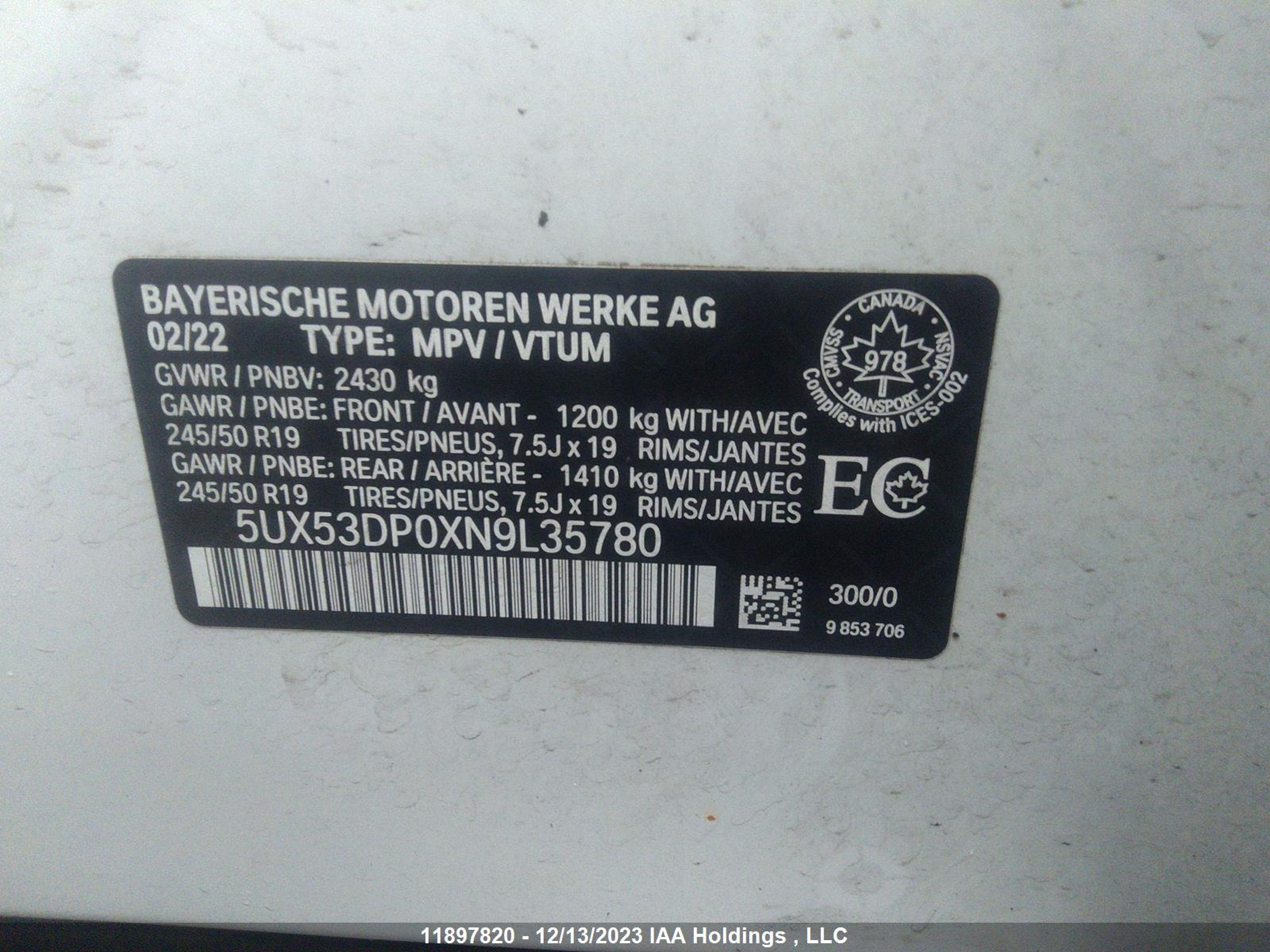 Photo 8 VIN: 5UX53DP0XN9L35780 - BMW X3 