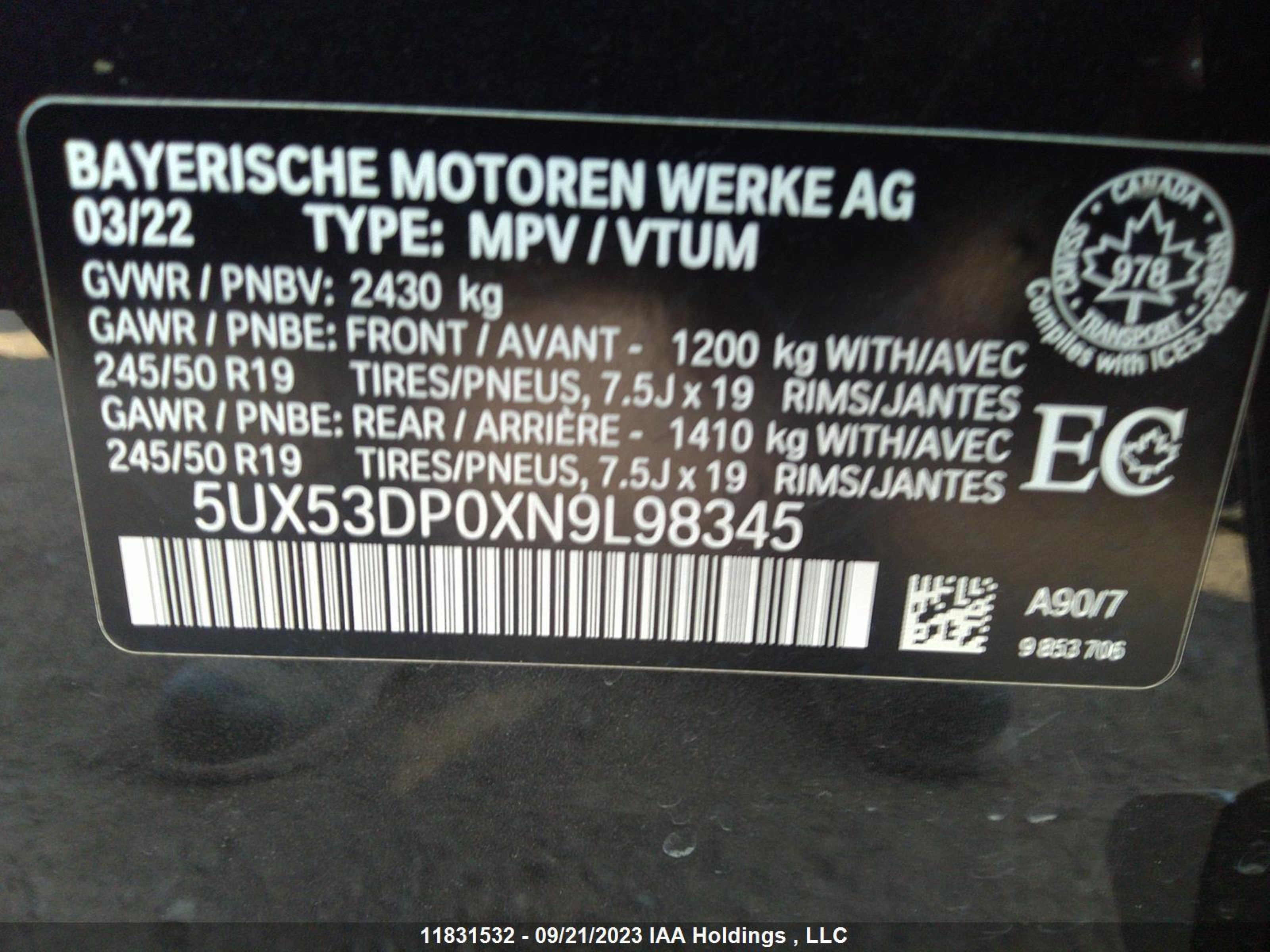 Photo 8 VIN: 5UX53DP0XN9L98345 - BMW X3 