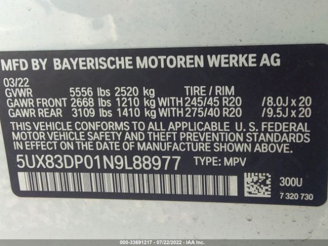 Photo 8 VIN: 5UX83DP01N9L88977 - BMW X3 