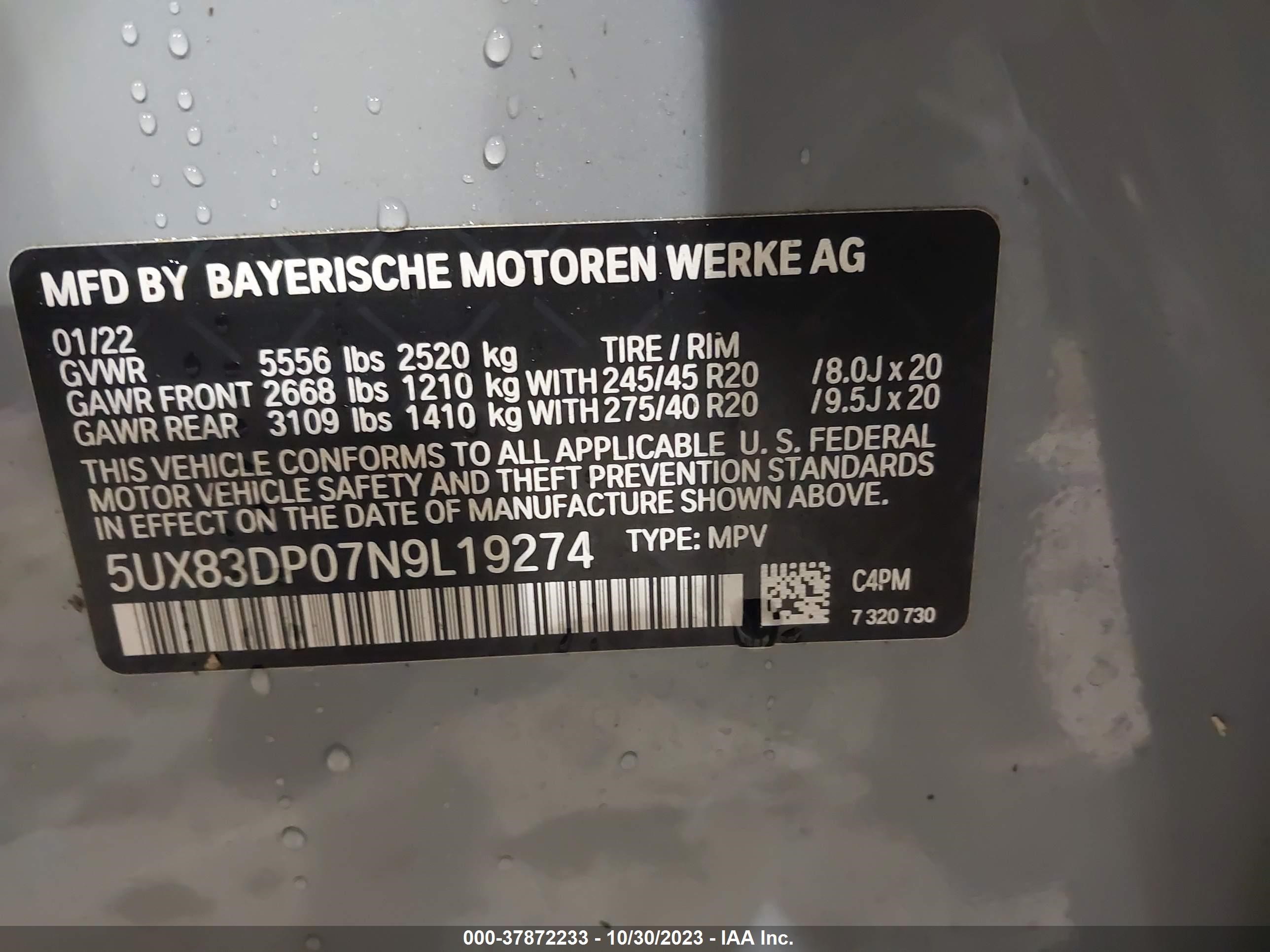 Photo 8 VIN: 5UX83DP07N9L19274 - BMW X3 