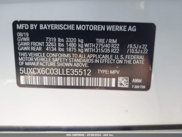 Photo 8 VIN: 5UXCX6C03LLE35512 - BMW X7 M50I 