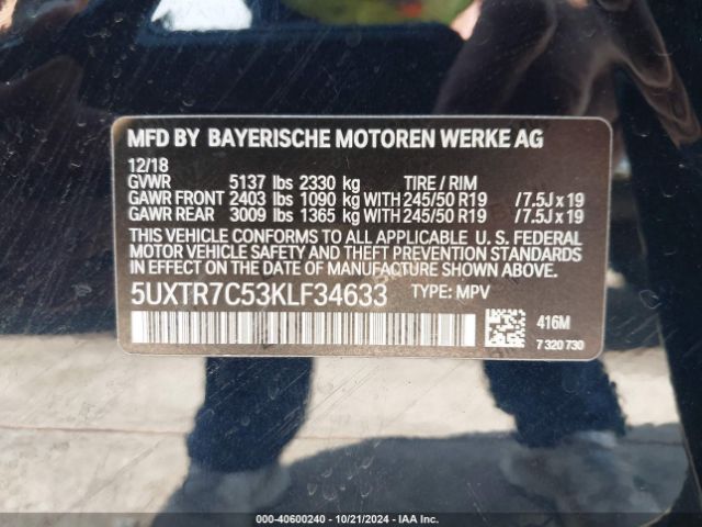 Photo 8 VIN: 5UXTR7C53KLF34633 - BMW X3 