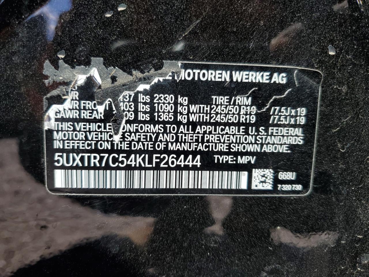 Photo 12 VIN: 5UXTR7C54KLF26444 - BMW X3 