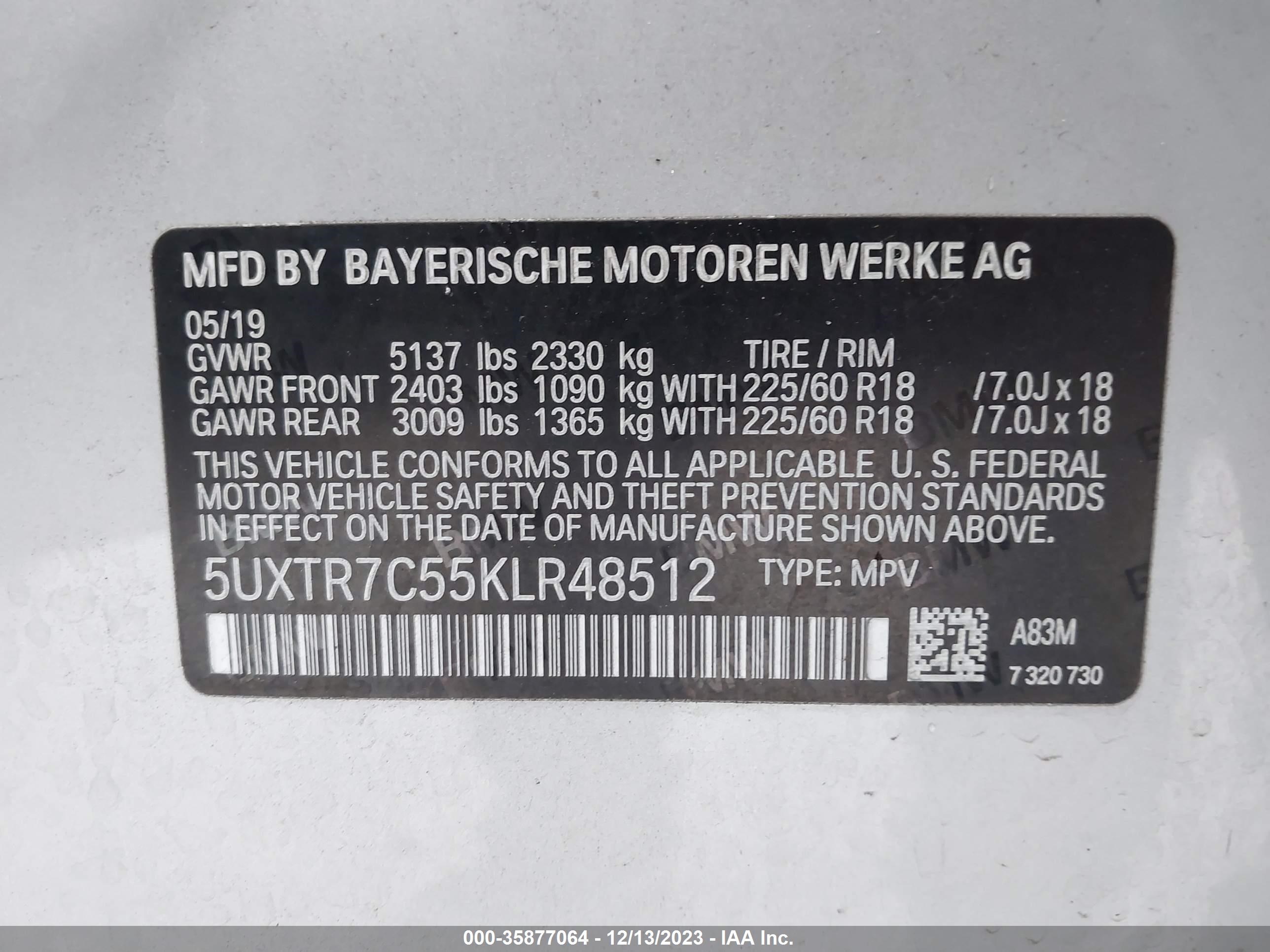 Photo 8 VIN: 5UXTR7C55KLR48512 - BMW X3 