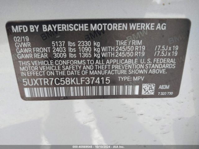 Photo 8 VIN: 5UXTR7C58KLF37415 - BMW X3 