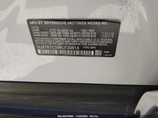 Photo 8 VIN: 5UXTR7C59KLF30814 - BMW X3 