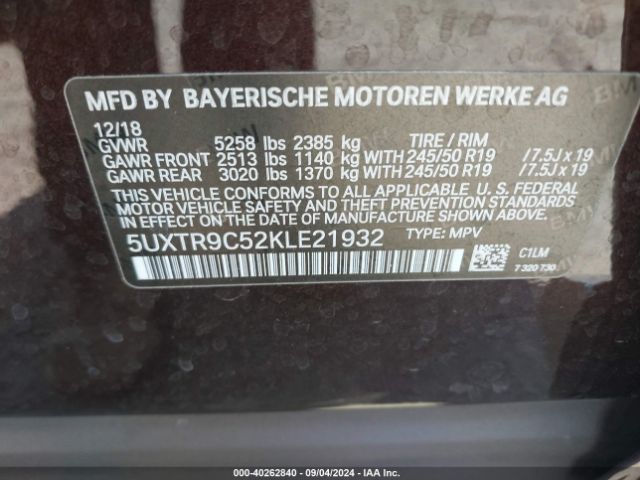 Photo 8 VIN: 5UXTR9C52KLE21932 - BMW X3 