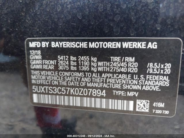 Photo 8 VIN: 5UXTS3C57K0Z07894 - BMW X3 