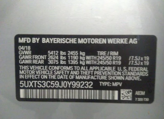 Photo 8 VIN: 5UXTS3C59J0Y99232 - BMW X3 